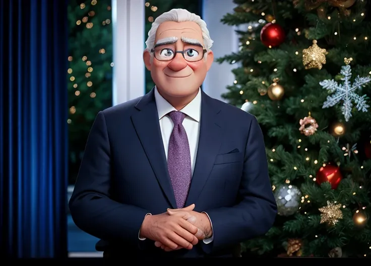 Gere uma imagem de Antonio Costa primeiro ministro de portugal inspirada nos estilos visuais dos filmes "UP!" e "Ratatouille" da Pixar. In this representation, Antonio Costa only wears a black suit and a red tie that adds a touch of elegance to his figure....