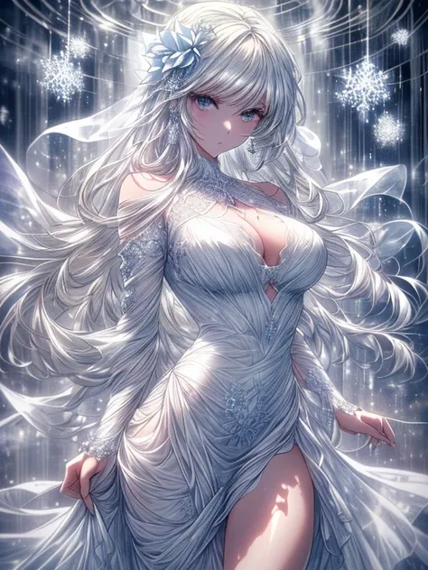 Paradise in Heaven, White lighting,(muste piece), (best quality), (cinematic), 8K, (art station), Li Yue painting style.(長いwhite hairとSilvery eyesを持つ1人の女), (beautiful delicate face)、[ Particle Lou Full Moon] [Frozen trees々] [landscape crystal] [great writi...