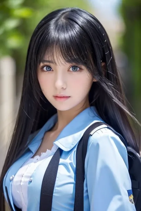 high school girl、big chest、beautiful woman、anime、Eyes are blue、Black hair