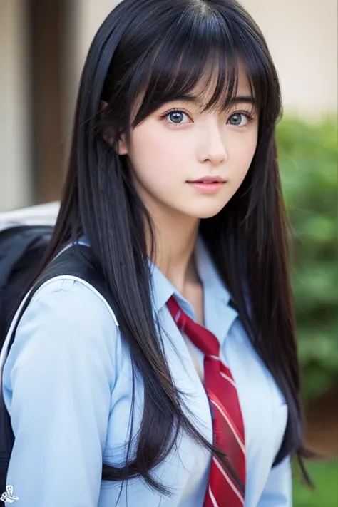 high school girl、big chest、beautiful woman、anime、Eyes are blue、Black hair