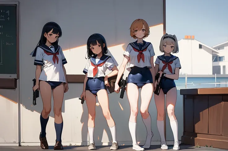 multiple girls, 3 girls, school swimsuit, sailor collar, clone girls, high socks, loafer, holding gun