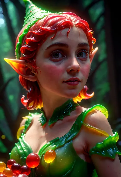 a Beautiful Elf made of gummi, GummiRay, dynamic light, 3d, magical, RAW photo, Romance, Cinematic lighting, octane render, (best quality, masterpiece, Representative work, official art, Professional, 8k:1.3)