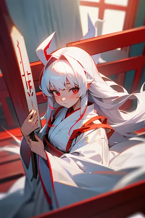 Rabbit girl，long white robes，complaint，long white hair, shrine maiden, bust shot