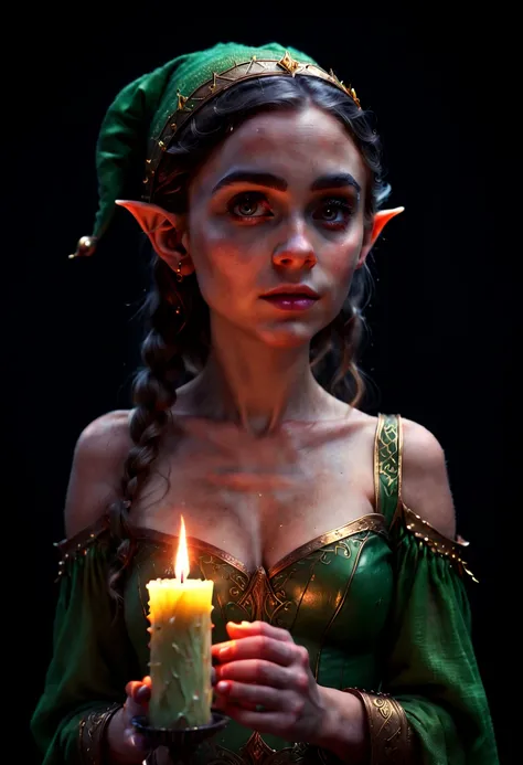 a Beautiful Elf with a candle, pitch black dark background, portrait, RAW photo, Romance, Cinematic lighting, octane render, (best quality, masterpiece, Representative work, official art, Professional, 8k:1.3)