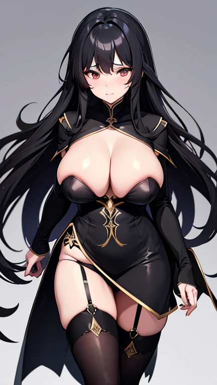 （（（Married woman、big breasts、black long hair、black eye、big breasts、nipple、Sorcerers Wand、Sorcerers robe、jet black bridal dress、jet black veil、spell book、black thin inner、Black cloak、black panties、garter belt、black stockings、high heels）））Basic black costume...