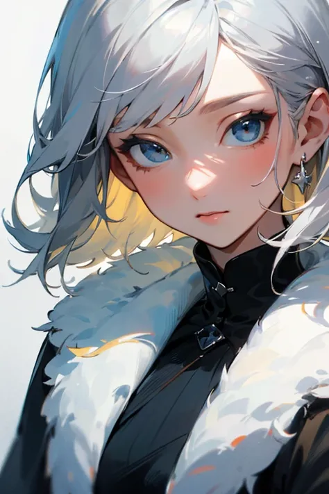 ((best quality)), ((masterpiece)), (detailed), perfect face、winter、silver hair、mixed yellow and black dress、