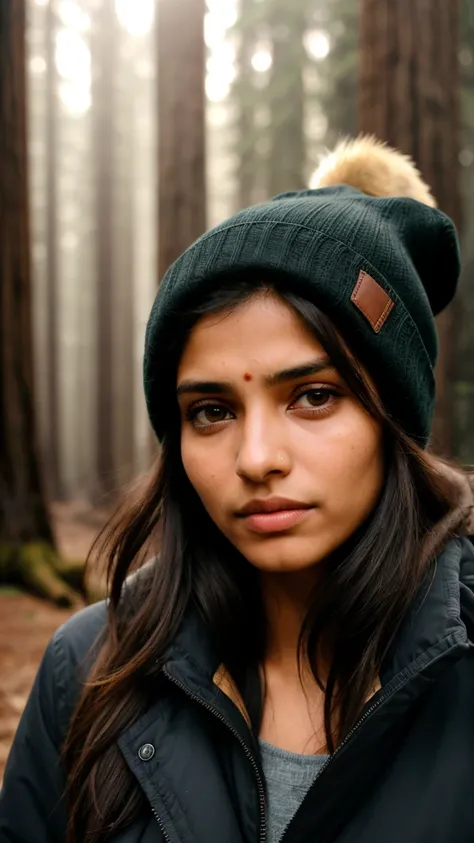 photograph of a woman, (sympathetic facial expression), textured skin, goosebumps, jet black half-up half-down hair, faux fined parka with skinny jeans and beanie, group profile, towering ancient redwood trees creating a sense of wonder and awe, perfect ey...