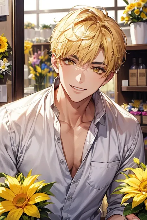 (muste piece), (best quality), extremely detailed, 1 man, solo, perfect face, pretty face, highly detailed face，yellow short hair, yellow eyebrows、Handsome man with expressive eyes, smiling, yellow eyes、(((flower shop)))、