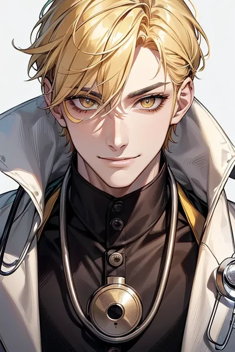 (muste piece), (best quality), extremely detailed, 1 man, solo, perfect face, pretty face, highly detailed face，yellow short hair, yellow eyebrows、Handsome man with expressive eyes, smiling, yellow eyes、(((doctor)))、Huangze Ryota