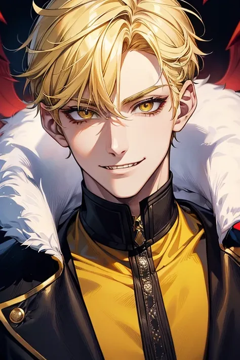 (muste piece), (best quality), extremely detailed, 1 man, solo, perfect face, pretty face, highly detailed face，yellow short hair, yellow eyebrows、Handsome man with expressive eyes, smiling, yellow eyes、(((devil)))、