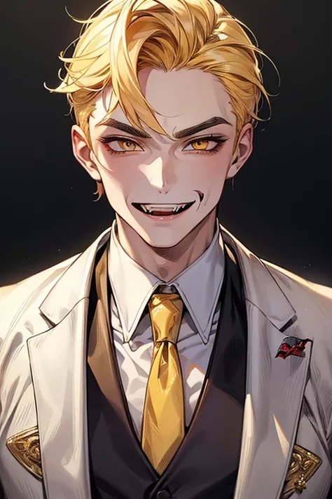 (muste piece), (best quality), extremely detailed, 1 man, solo, perfect face, pretty face, highly detailed face，yellow short hair, yellow eyebrows、Handsome man with expressive eyes, smiling, yellow eyes、(((vampire)))、