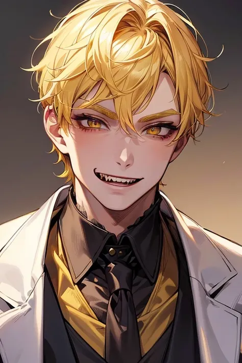 (muste piece), (best quality), extremely detailed, 1 man, solo, perfect face, pretty face, highly detailed face，yellow short hair, yellow eyebrows、Handsome man with expressive eyes, smiling, yellow eyes、(((vampire)))、