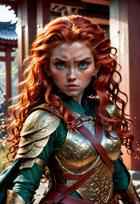 a Beautiful Elf, Elf ear, Merida from Disney  reimagined as a ninja, within the walls of an ancient Japanese palace. The scene  brought to life with intricate details inspired by the styles of Todd McFarlane and Alex Ross. The result  a stunning image that...