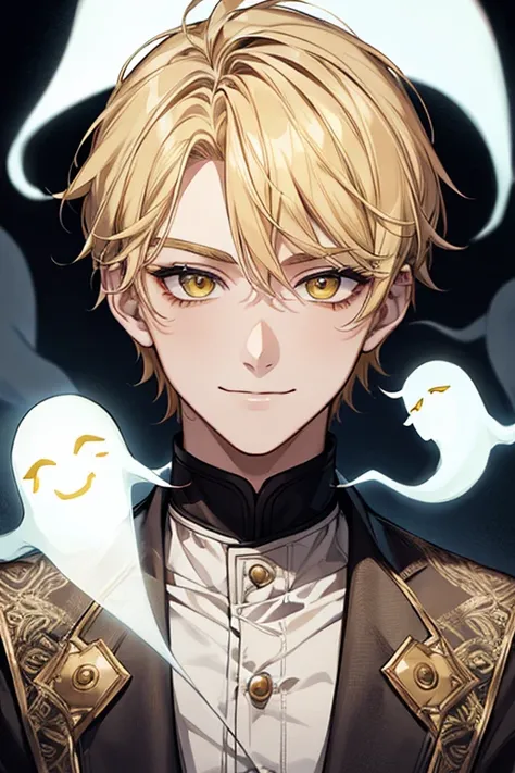 (muste piece), (best quality), extremely detailed, 1 man, solo, perfect face, pretty face, highly detailed face，yellow short hair, yellow eyebrows、Handsome man with expressive eyes, smiling, yellow eyes、(((ghost)))、horn