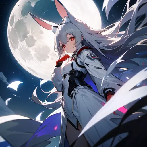 anime, girl, gray hair, White rabbit ears, White costume, red eyes, Moonlight night, full moon