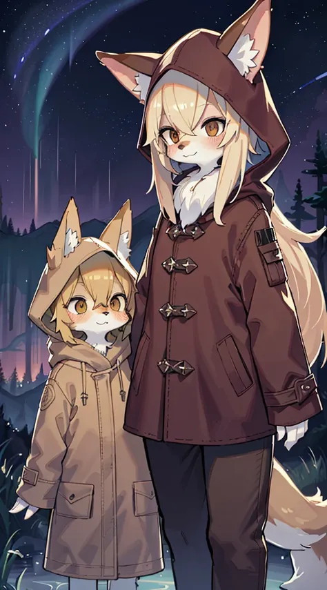 Shota the fox，hairy pubic，shaggy，Skin fur，Golden fur，Golden yellow face fur,Short straight blonde hair，Eyes have light，Red eyerown elements on fur，Brown coat brown hood up，White top，brown shorteautiful lights and shadows，Ambient light，Ultra-fine fur，volume...