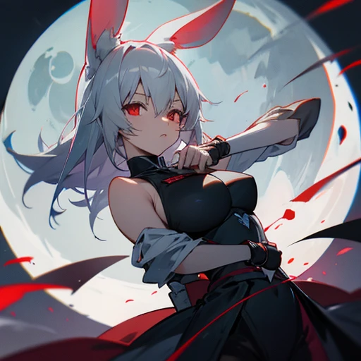 anime, female, gray hair, White rabbit ears, red eyes, Moonlight night, full moon, ninja, knife, big breasts