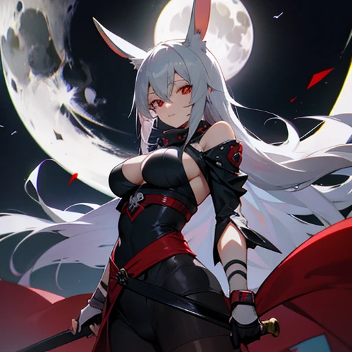 anime, female, gray hair, White rabbit ears, red eyes, Moonlight night, full moon, ninja, knife, big breasts