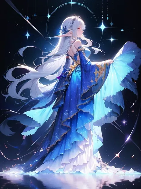 masterpiece, 1 elf woman, long silver hair, solo, wrenchfaeflare,  glowing, embroidery, accessories, jewelry, reflection, refraction, night sky, starry sky, star (sky), blue theme, embroidery, accessories,