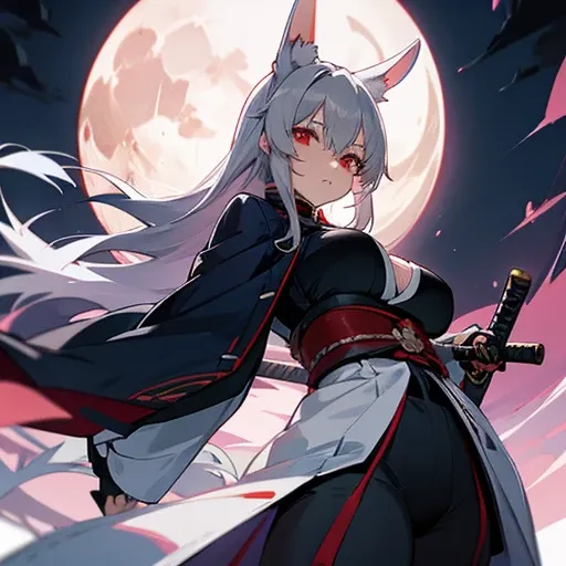 anime, female, gray hair, White rabbit ears, red eyes, Moonlight night, full moon, Shinsengumi, Japanese sword, big breasts