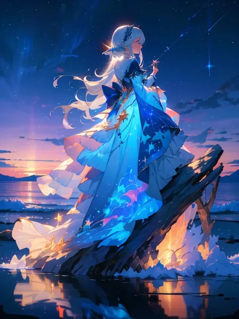 masterpiece, 1 elf woman, long silver hair, solo, wrenchfaeflare,  glowing, embroidery, accessories, jewelry, reflection, refraction, night sky, starry sky, star (sky), blue theme, embroidery, accessories,