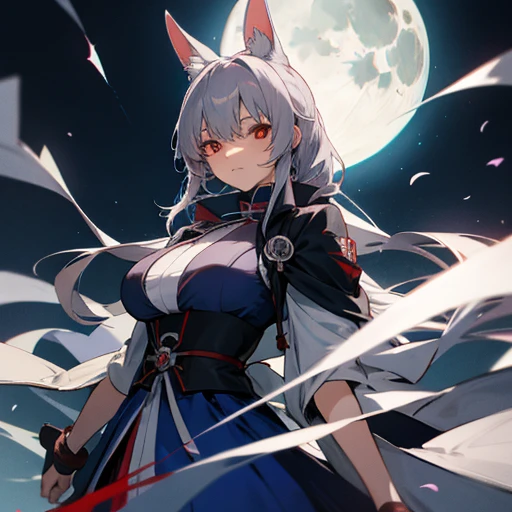 anime, female, gray hair, White rabbit ears, red eyes, Moonlight night, full moon, Shinsengumi, bow, big breasts