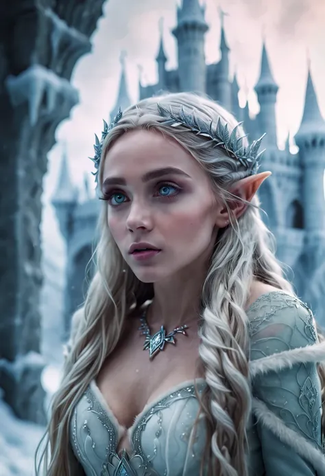 a Beautiful Elf, Elf ear, Winter wonderland, ice castle, mystical, ethereal, long hair, detailed eyes, Romance, film grain, RAW photo, Cinematic lighting, octane render, (best quality, masterpiece, Representative work, official art, Professional, 8k:1.3)