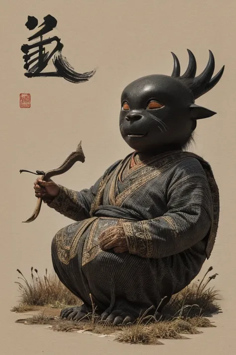 ((Chojugiga)), ((Shihon Bokuga)), antique, (anthropomorphism), (Sumi-e), Monochrome art, (Old paper style illustration), (hunting paintingural style, Little monster, old performance, variational pointillism, flat illustration, eerie, horror elements, eerie...