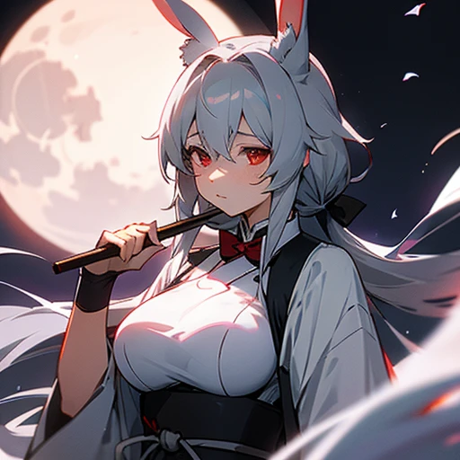 anime, female, gray hair, White rabbit ears, red eyes, Moonlight night, full moon,Kyudo, big breasts