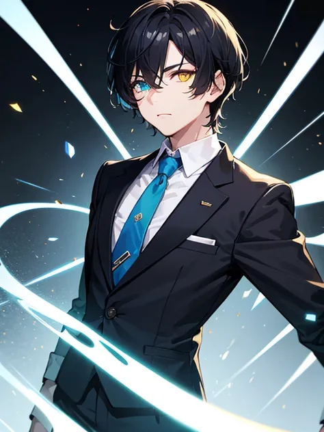 (masterpiece), best quality, high quality, dynamic light, 1boy, upper body, solo, school uniform, (blue tie), trousers, (heterochromia), (blue left eye, yellow right eye:1.1), normal face, (glowing yellow eye), (hairstyle: straight), black hair, middle hai...