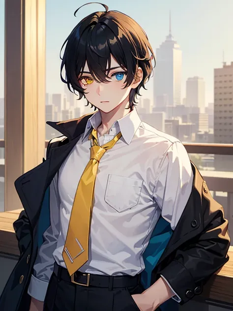 (masterpiece), best quality, high quality, dynamic light, 1boy, upper body, solo, school uniform, (blue tie), trousers, (heterochromia), (blue left eye, yellow right eye:1.1), normal face, (glowing yellow eye), (hairstyle: straight), black hair, middle hai...