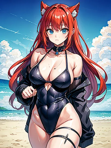 （（（masterpiece、Highest image quality、highest quality、highly detailed unity 8ｋwallpaper）））、（（Illustration of one girl））、（（（beautiful girl）））、（（red hair、Braid、sidelocks：1.4、blue eyes））、（（（stocky build：1.5, thickset physique：1.6, muscular legs, broad shoulder...