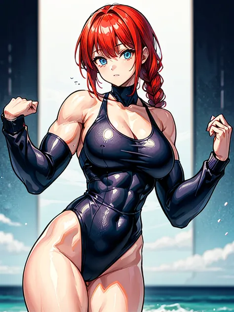 （（（masterpiece、Highest image quality、highest quality、highly detailed unity 8ｋwallpaper）））、（（Illustration of one girl））、（（（beautiful girl）））、（（red hair、Braid、sidelocks：1.4、blue eyes））、（（（stocky build：1.5, thickset physique：1.6, muscular legs, broad shoulder...