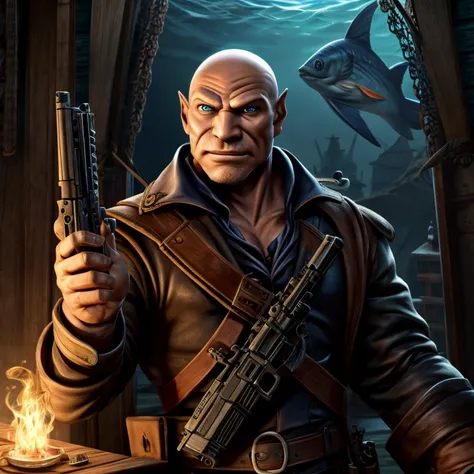 A fish man whose skin is blue and he is bald uses a gun and is also a pirate 