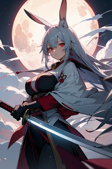 anime, woman, gray hair, White rabbit ears, red eyes, Moonlight night, full moon,Japanese sword dual wielding, Sword, big breasts