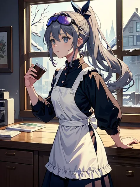 Exquisite masterpiece, the best quality, realistic painting, an anime girl with a curly ponytail, petite, coffee clerk, black apron, small, snow scenery outside the window, warm colors, heartwarming, youthful and beautiful, with blue-violet gradient ski go...