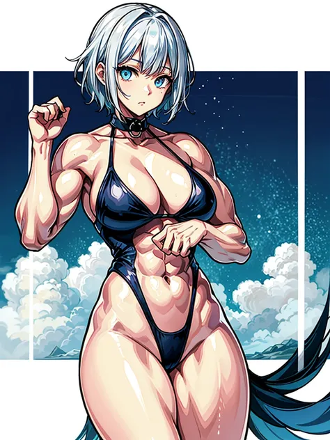 （（（masterpiece、Highest image quality、highest quality、highly detailed unity 8ｋwallpaper）））、（（Illustration of one girl））、（（（beautiful girl）））、（（white hair、short hair、light blue eyes））、（（（stocky build, thickset physique, muscular legs, broad shoulders, solid ...