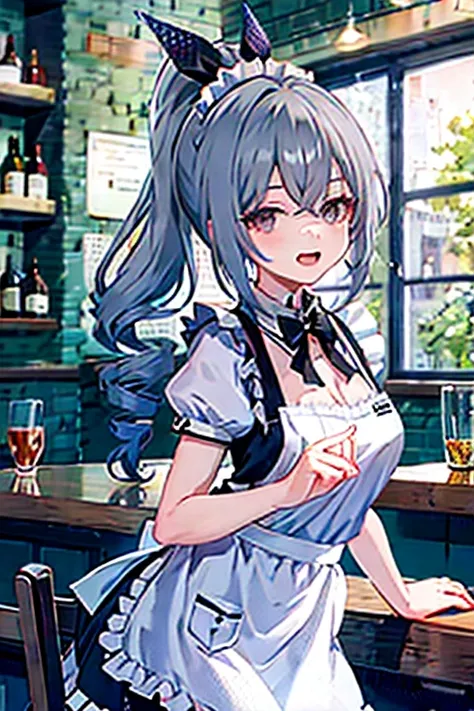 1girl, silver wolf (honkatar rail), drill ponytail, maid, maid headdress, maid apron, happy, open mouth, looking at viewer, cowboy shot, bar (place), indoors, depth of field