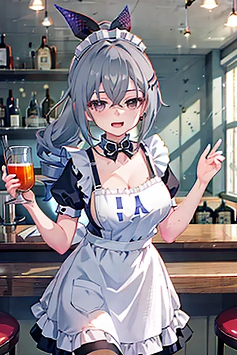 1girl, silver wolf \(honkatar rail\), drill ponytail, maid, maid headdress, maid apron, happy, open mouth, looking at viewer, co...