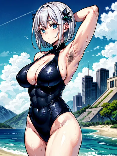 （（（masterpiece、Highest image quality、highest quality、highly detailed unity 8ｋwallpaper）））、（（Illustration of one girl））、（（（beautiful girl）））、（（white hair、short hair、light blue eyes））、（（（stocky build, thickset physique, muscular legs, broad shoulders, solid ...