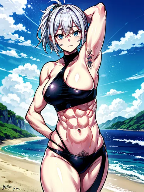 （（（masterpiece、Highest image quality、highest quality、highly detailed unity 8ｋwallpaper）））、（（Illustration of one girl））、（（（beautiful girl）））、（（white hair、short hair、light blue eyes））、（（（stocky build, thickset physique, muscular legs, broad shoulders, solid ...