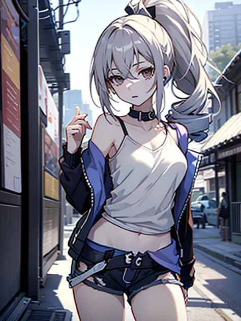 (masterpiece:1.2), (pale skin:1.2), (solo:1.2), (female:1.1), (emphasis lines:1.3), (:1.2), bangracelets:1.1), drill ponytail, (shorts:1.2), casual sweater, bare shoulders, collarbone, (camisole:1.1), outdoors, day, earphone