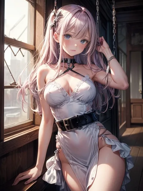 ((masterpiece)), ((best quality)), (ultra-detailed), NSFW, ((torture chamber)),(torture),(((single narrow belt strongly bound waist))),a cute girl, 1girl, solo, (white mini frill onepiece dress),(chain bound arms), (both hands are bound and is hung from th...