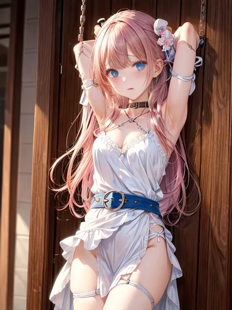 ((masterpiece)), ((best quality)), (ultra-detailed), NSFW, ((torture chamber)),(torture),(((single narrow belt strongly bound waist))),a cute girl, 1girl, solo, (white mini frill onepiece dress),(chain bound arms), (both hands are bound and is hung from th...