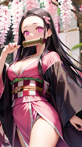 masterpiece, (pink kimono), fascinating face, good lighting, low cut, small details, masterpiece, shining eyes, 1 girl, black hair, gag, bamboo, Demon Kamado Nezuko, wisteria background, masterpiece, highest quality, throw, whole body, wide hips,big breast...