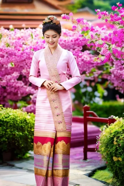 (best quality,4k,8k,highres,masterpiece:1.2),ultra-detailed,(realistic,photorealistic,photo-realistic:1.37),portraits,(vibrant colors,colorful),soft sunlight,gentle breeze,Tai Khun traditional outfit,happy expression,pink and purple flowers,blooming cherry...