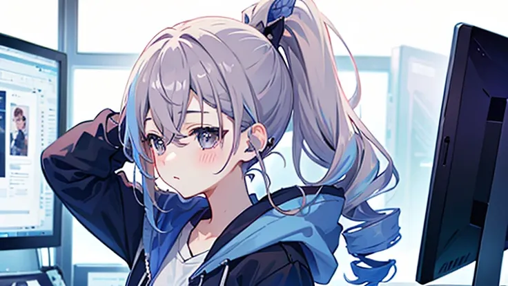 one girl、drill ponytail、pastelcolors、cute、blush, hoodie, listening music, earphone