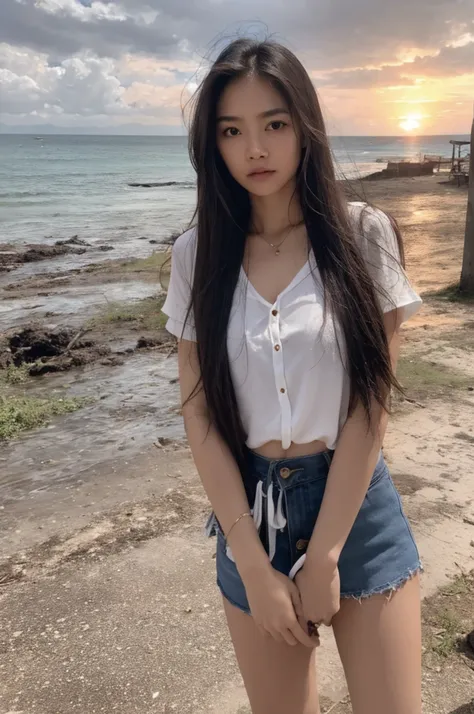 Thai Woman, look at viewer, long hair, shirt, mini skirt, sunset, ocean, beach, sad,