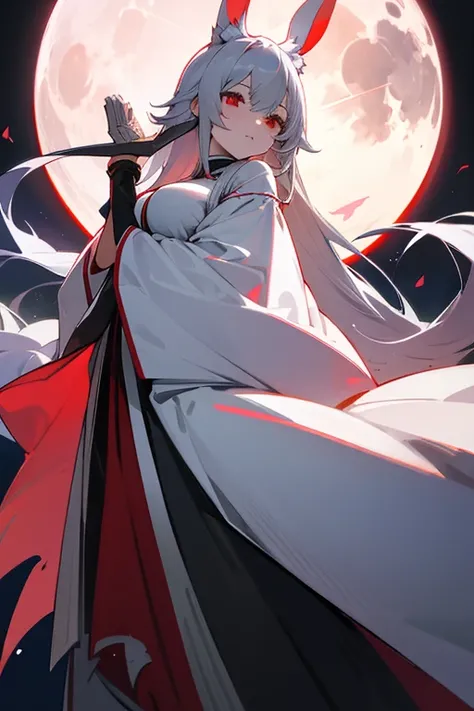 anime, woman, gray hair, White rabbit ears, red eyes, Moonlight night, full moon,long white robes, big breasts, strong, Facing the front