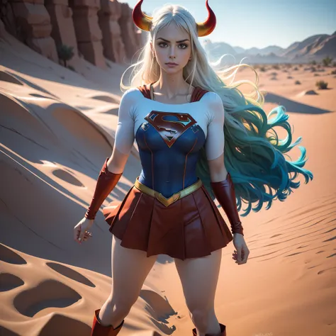 Detalhado cabelo branco longo,  tamanho de arquivo enorme, 1girl, demon girl, Superhero Supergirl, terno Supergirl, capa vermelha, S do super-homem no peito, blue swimsuit, Red skirt, botas vermelhas, ultra sexy hiper sedutora, (Desert Oasis:1.1), Rosto ex...